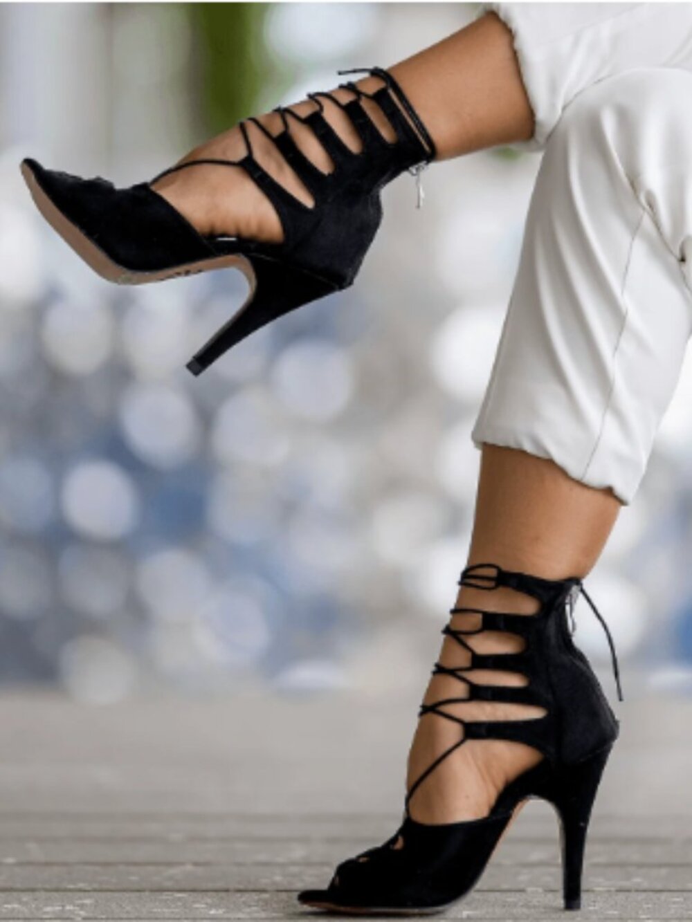 Burju Amalia Open Toe Lace Up Heeled Sandals - 3" Flared Heel - BIack - 8.5